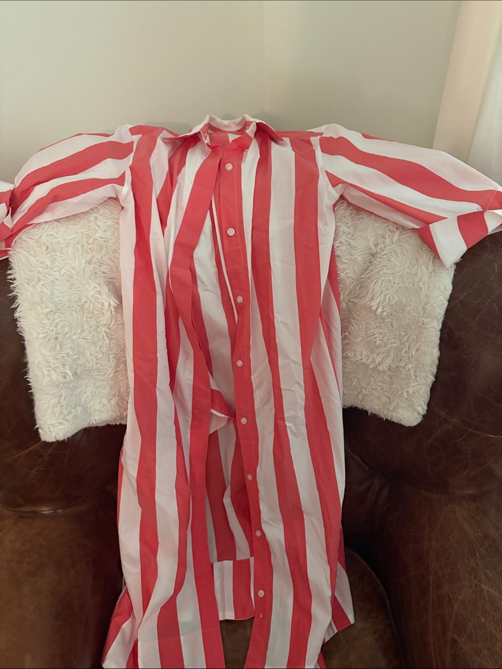 Women's Pink and White Striped Midi Shirt Dress